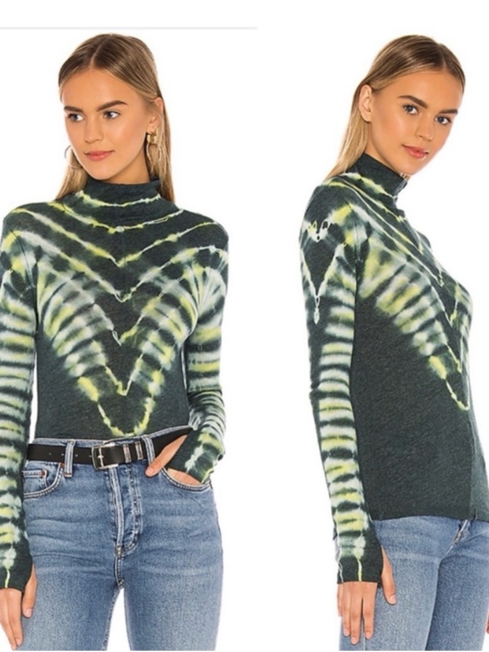 Free People Green, Lime, and Cream Tie-Dye Mock Neck Sweater
